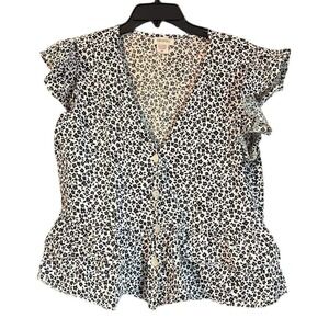 Womens XL Black White Floral Flutter Sleeve Peplum Button Front Top Cotton